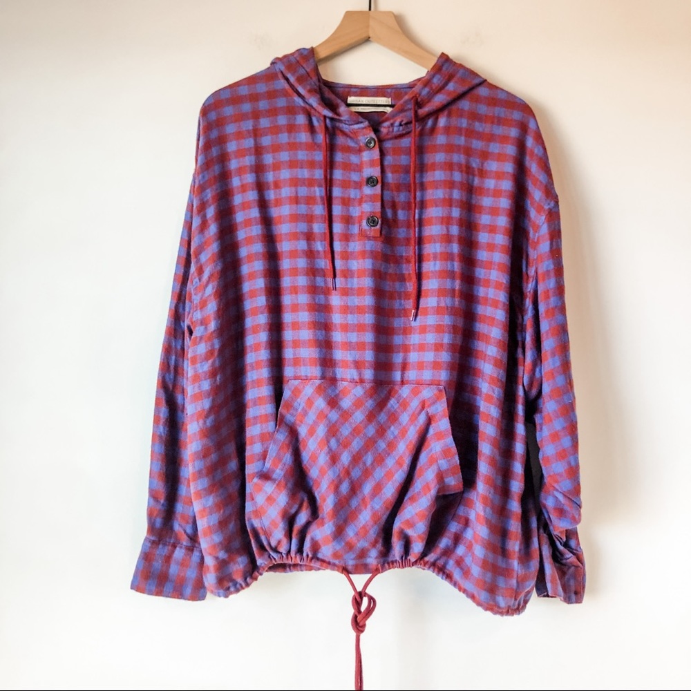 Urban Outfitters Alex Popover Hooded Flannel Shirt Dark Red and Blue Size Large